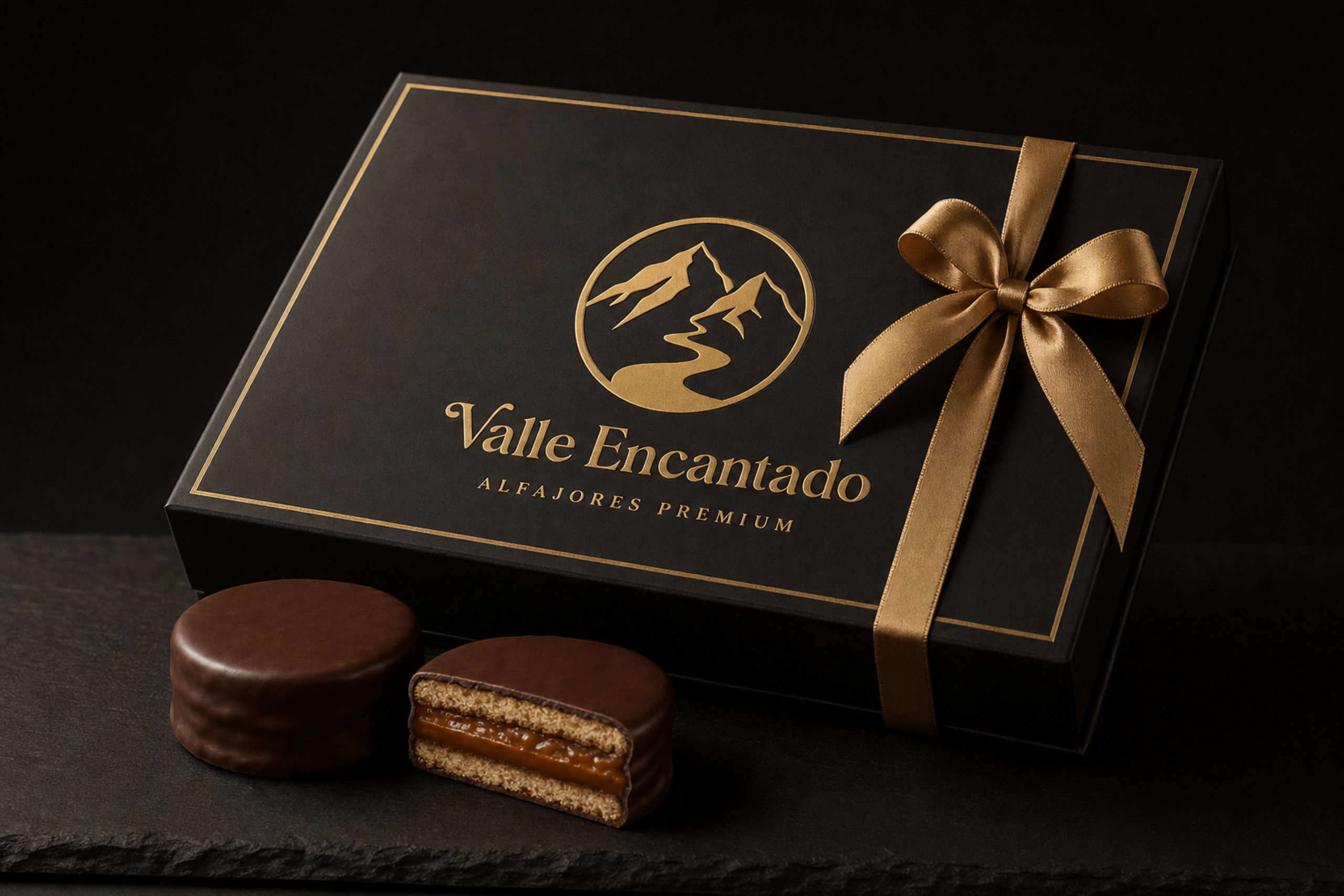 Caixa presente premium de alfajores com acabamento dourado