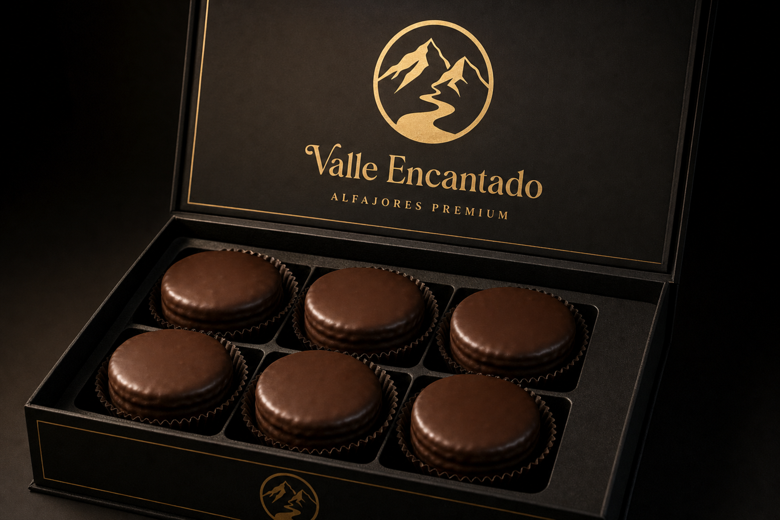 Alfajor premium aberto revelando recheio cremoso de dulce de leche